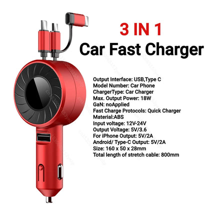 120W 4 IN 1 RETRACTABLE CAR CHARGER USB C CABLE