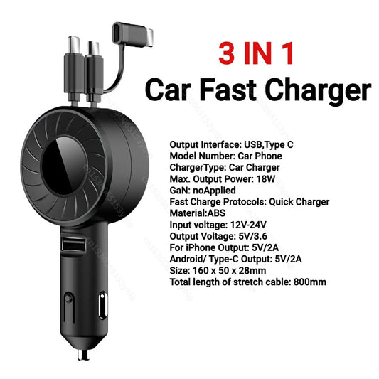 120W 4 IN 1 RETRACTABLE CAR CHARGER USB C CABLE