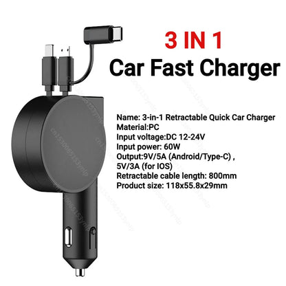 120W 4 IN 1 RETRACTABLE CAR CHARGER USB C CABLE