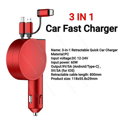 120W 4 IN 1 RETRACTABLE CAR CHARGER USB C CABLE