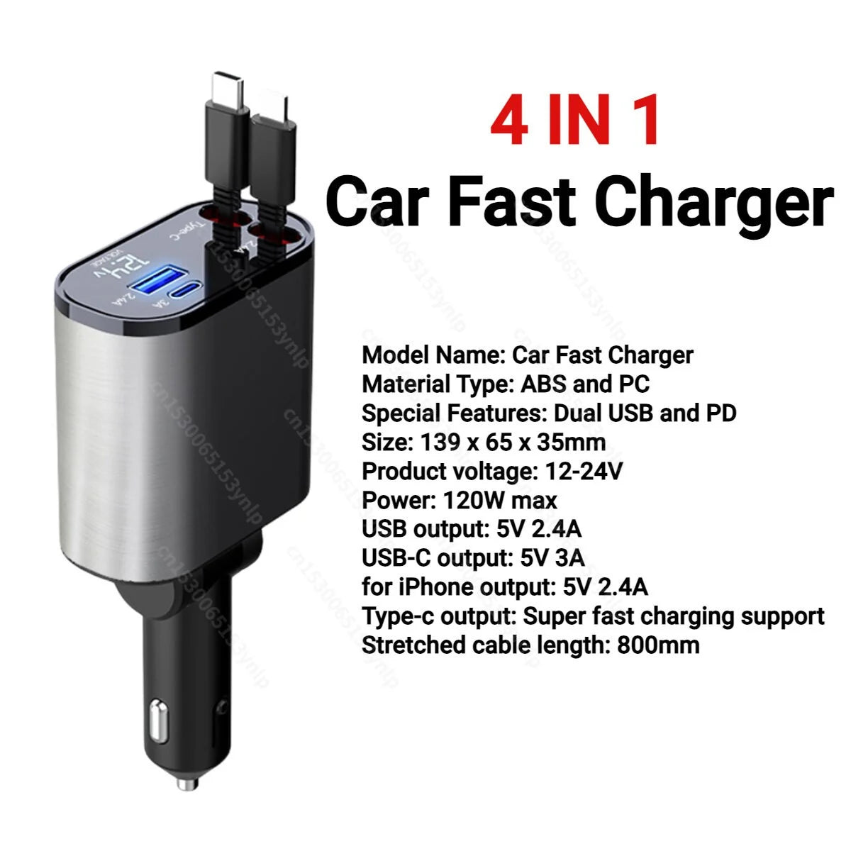 120W 4 IN 1 RETRACTABLE CAR CHARGER USB C CABLE