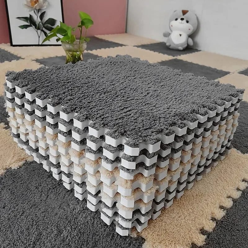 10 Peices Children'S Plush Puzzle Foam Floor Mat Fluffy Square Carpet